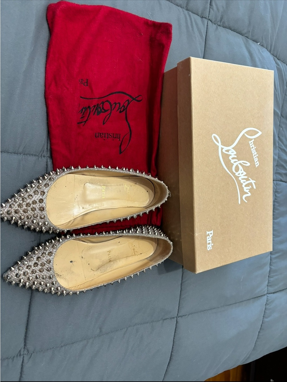 Christian Louboutin Silver-Tone Spike Pointed-Toe Flats